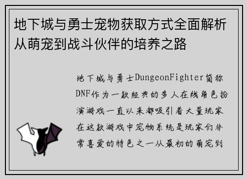 地下城与勇士宠物获取方式全面解析从萌宠到战斗伙伴的培养之路